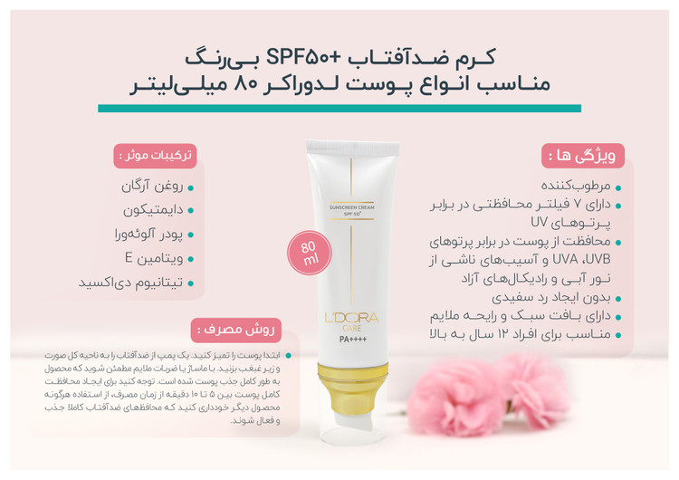 کرم ضدآفتاب +SPF50 بی رنگ مناسب انواع پوست